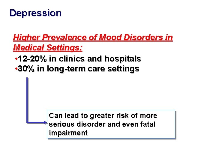 Depression Higher Prevalence of Mood Disorders in Medical Settings: • 12 -20% in clinics Depression Higher Prevalence of Mood Disorders in Medical Settings: • 12 -20% in clinics