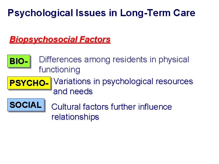 Psychological Issues in Long-Term Care Biopsychosocial Factors Differences among residents in physical functioning PSYCHO- Psychological Issues in Long-Term Care Biopsychosocial Factors Differences among residents in physical functioning PSYCHO-