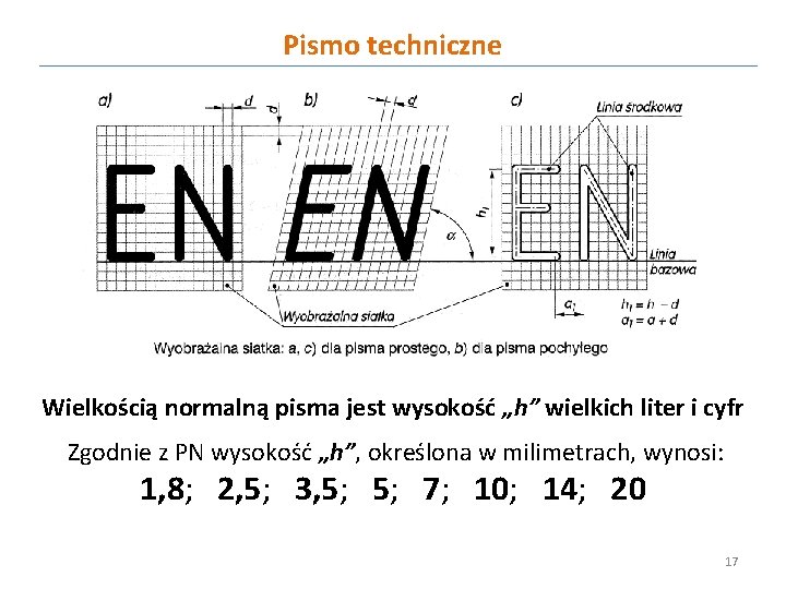 Pismo techniczne Wielkością normalną pisma jest wysokość „h” wielkich liter i cyfr Zgodnie z