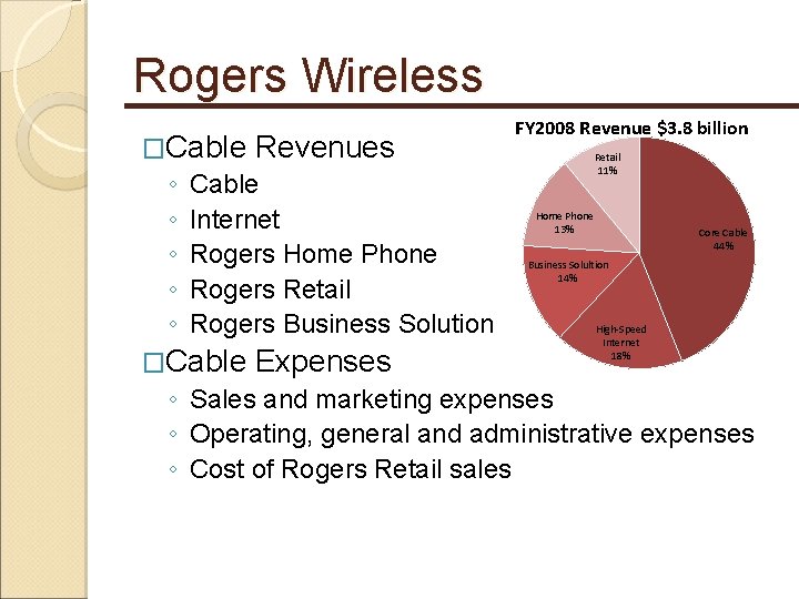 Rogers Wireless �Cable Revenues ◦ Cable ◦ Internet ◦ Rogers Home Phone ◦ Rogers