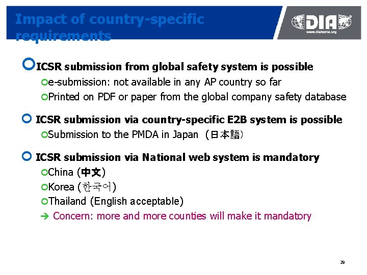 Impact of country-specific requirements ¢ICSR submission from global safety system is possible ¢e-submission: not