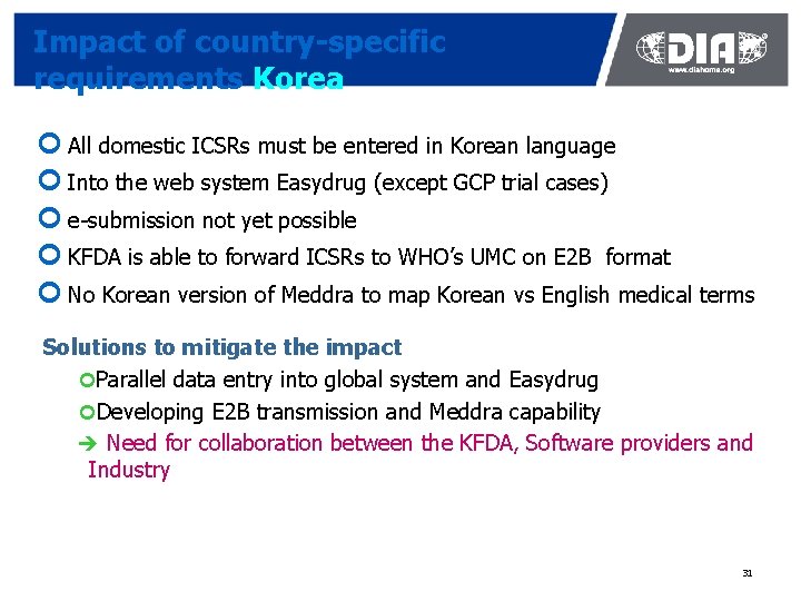 Impact of country-specific requirements Korea ¢ All domestic ICSRs must be entered in Korean