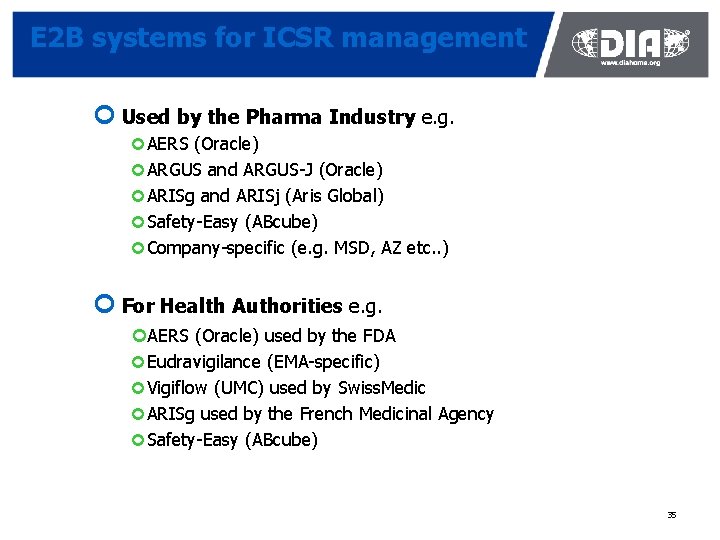 E 2 B systems for ICSR management ¢ Used by the Pharma Industry e.