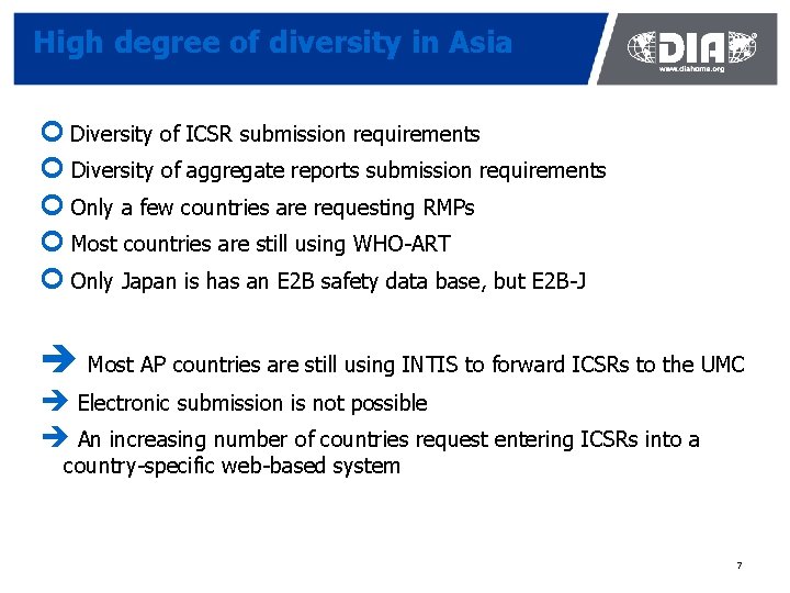 High degree of diversity in Asia ¢ Diversity of ICSR submission requirements ¢ Diversity