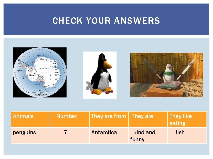 CHECK YOUR ANSWERS Animals Number penguins 7 They are from They are Antarctica kind