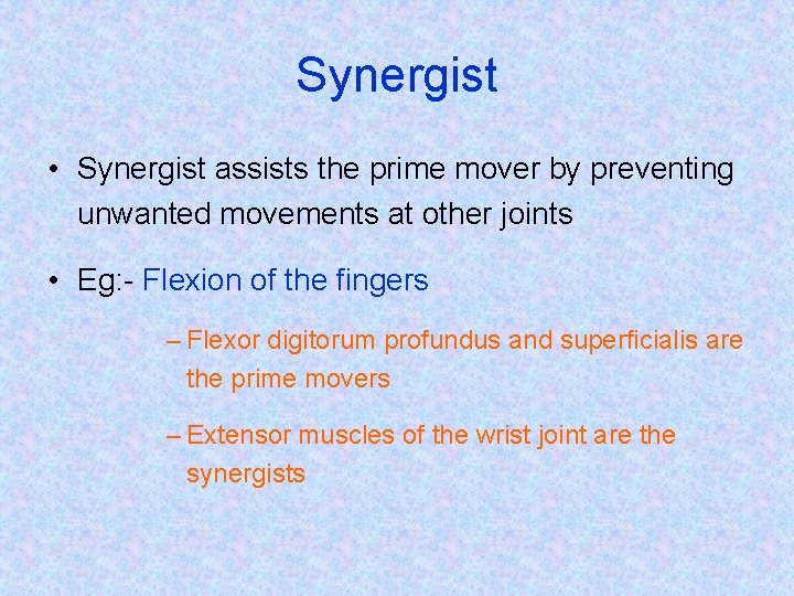 Synergist • Synergist assists the prime mover by preventing unwanted movements at other joints