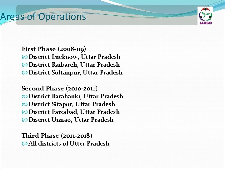 Areas of Operations First Phase (2008 -09) District Lucknow, Uttar Pradesh District Raibareli, Uttar