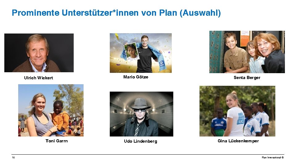 Prominente Unterstützer*innen von Plan (Auswahl) Ulrich Wickert Toni Garrn 10 Mario Götze Udo Lindenberg