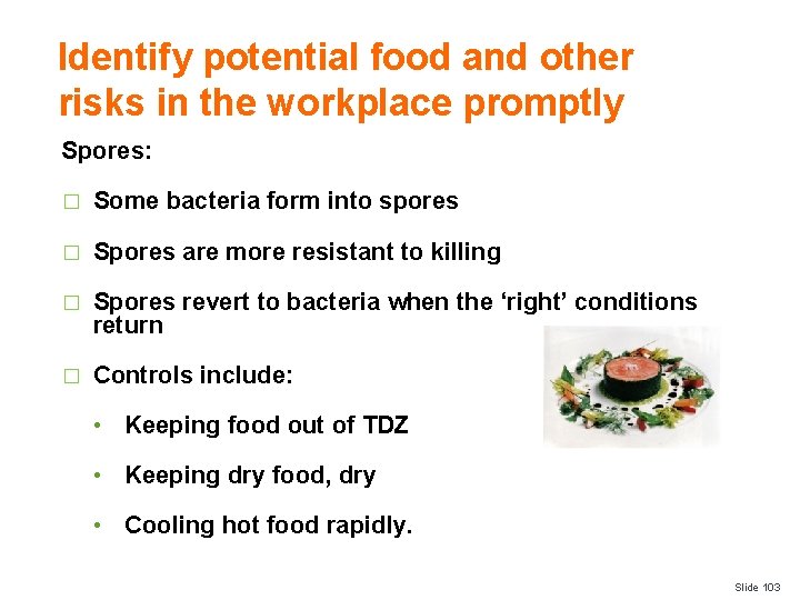 Identify potential food and other risks in the workplace promptly Spores: � Some bacteria