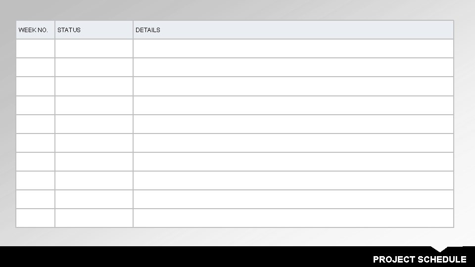 WEEK NO. STATUS DETAILS PROJECT SCHEDULE 