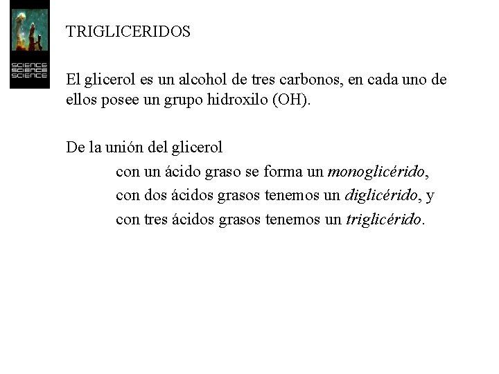 TRIGLICERIDOS El glicerol es un alcohol de tres carbonos, en cada uno de ellos