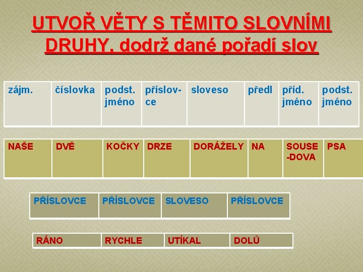 UTVOŘ VĚTY S TĚMITO SLOVNÍMI DRUHY, dodrž dané pořadí slov zájm. číslovka podst. příslov-