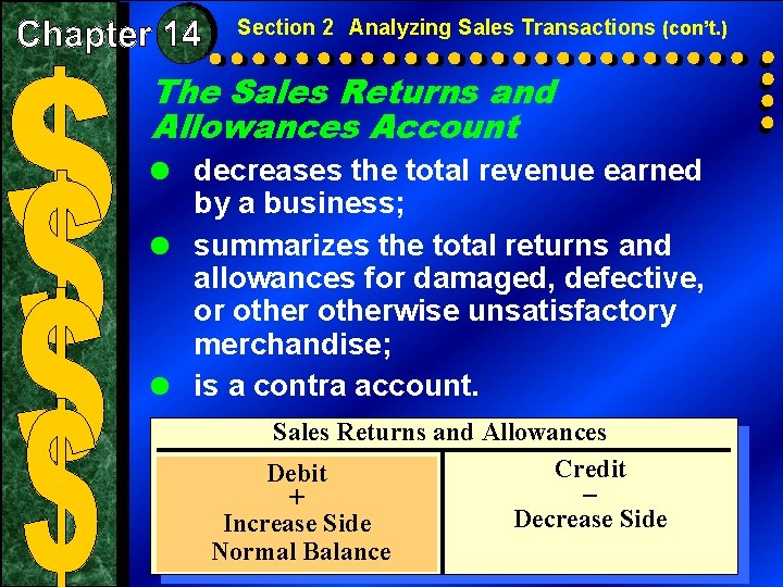 Section 2 Analyzing Sales Transactions (con’t. ) The Sales Returns and Allowances Account = Section 2 Analyzing Sales Transactions (con’t. ) The Sales Returns and Allowances Account =