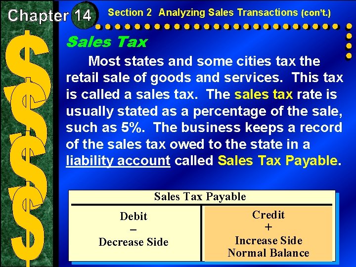 Section 2 Analyzing Sales Transactions (con’t. ) Sales Tax Most states and some cities Section 2 Analyzing Sales Transactions (con’t. ) Sales Tax Most states and some cities