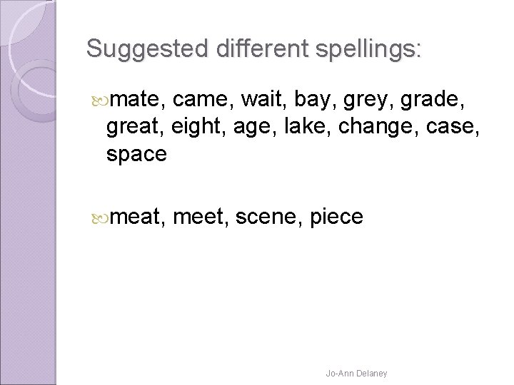 Suggested different spellings: mate, came, wait, bay, grey, grade, great, eight, age, lake, change,