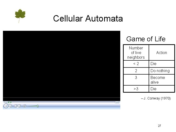 Cellular Automata Game of Life Number of live neighbors <2 Action Die 2 Do
