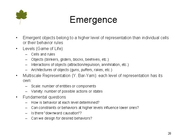 Emergence • • Emergent objects belong to a higher level of representation than individual