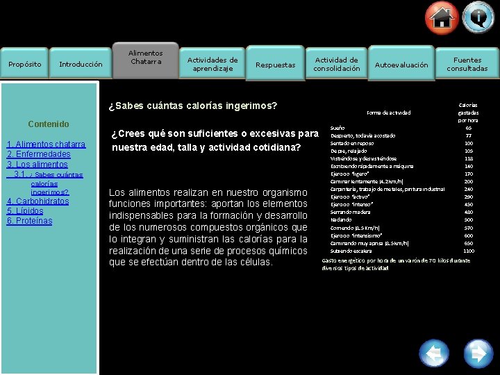 Propósito Introducción Alimentos Chatarra Actividades de aprendizaje Respuestas Actividad de consolidación ¿Sabes cuántas calorías