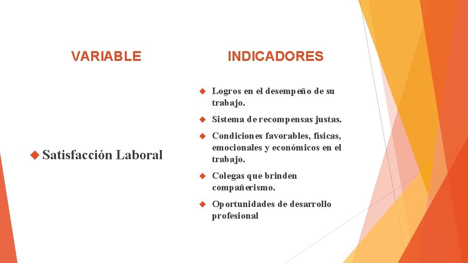 VARIABLE INDICADORES Logros en el desempeño de su trabajo. Sistema de recompensas justas. Condiciones