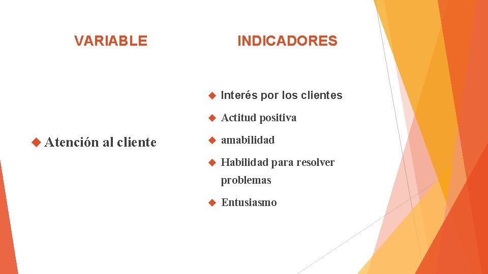 INDICADORES VARIABLE Atención al cliente Interés por los clientes Actitud positiva amabilidad Habilidad para