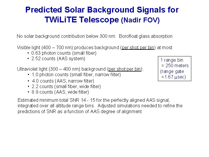 Predicted Solar Background Signals for TWi. Li. TE Telescope (Nadir FOV) No solar background