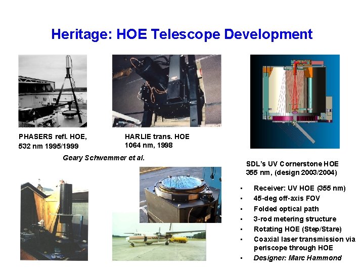 Heritage: HOE Telescope Development PHASERS refl. HOE, 532 nm 1995/1999 HARLIE trans. HOE 1064