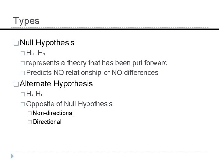 Types � Null Hypothesis � H o, HN � represents a theory that has