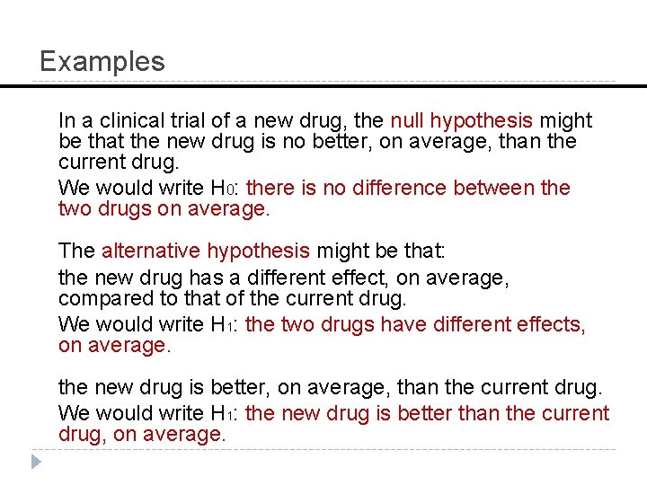 Examples In a clinical trial of a new drug, the null hypothesis might be