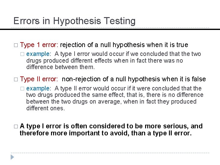 Errors in Hypothesis Testing � Type � example: A type I error would occur