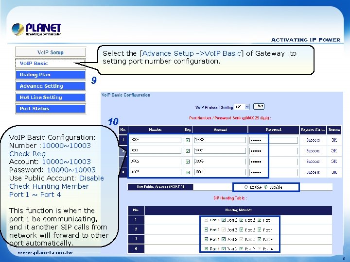 Select the [Advance Setup ->Vo. IP Basic] of Gateway to setting port number configuration.