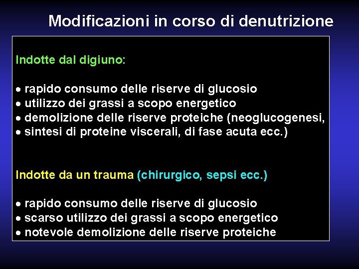 Modificazioni in corso di denutrizione Indotte dal digiuno: · rapido consumo delle riserve di