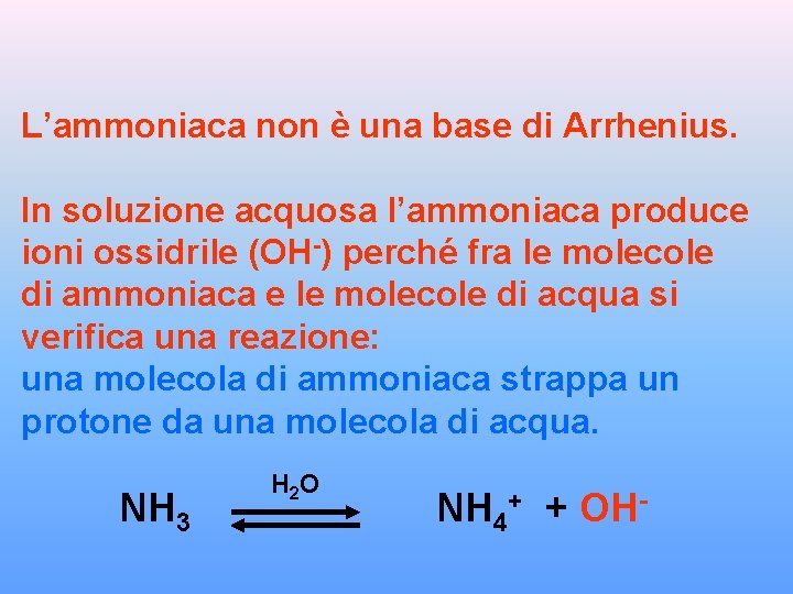 L’ammoniaca non è una base di Arrhenius. In soluzione acquosa l’ammoniaca produce ioni ossidrile