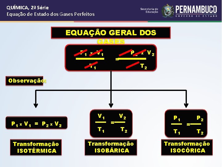 QUÍMICA, 2ª Série Equação de Estado dos Gases Perfeitos EQUAÇÃO GERAL DOS GASES P QUÍMICA, 2ª Série Equação de Estado dos Gases Perfeitos EQUAÇÃO GERAL DOS GASES P