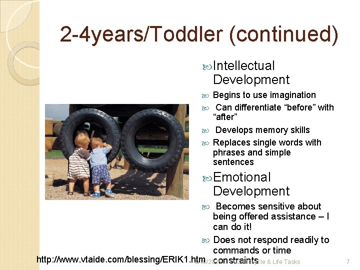 2 -4 years/Toddler (continued) Intellectual Development Begins to use imagination Can differentiate “before” with