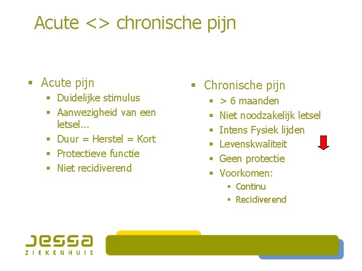 Acute <> chronische pijn § Acute pijn § Duidelijke stimulus § Aanwezigheid van een