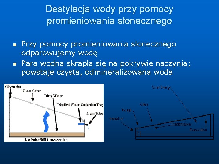 Destylacja wody przy pomocy promieniowania słonecznego n n Przy pomocy promieniowania słonecznego odparowujemy wodę