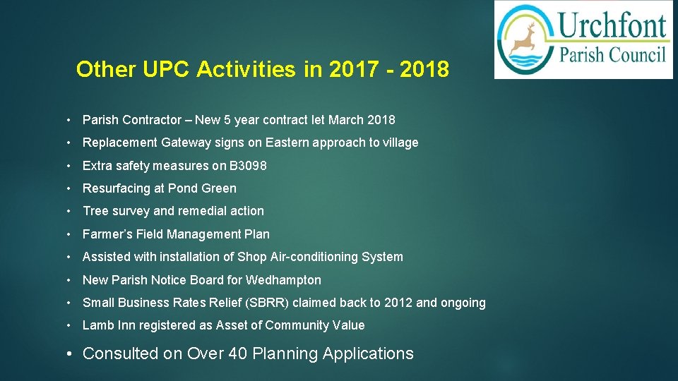 Other UPC Activities in 2017 - 2018 • Parish Contractor – New 5 year
