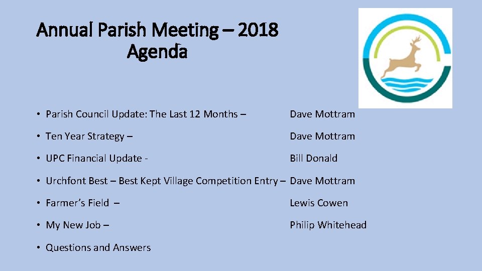 Annual Parish Meeting – 2018 Agenda • Parish Council Update: The Last 12 Months
