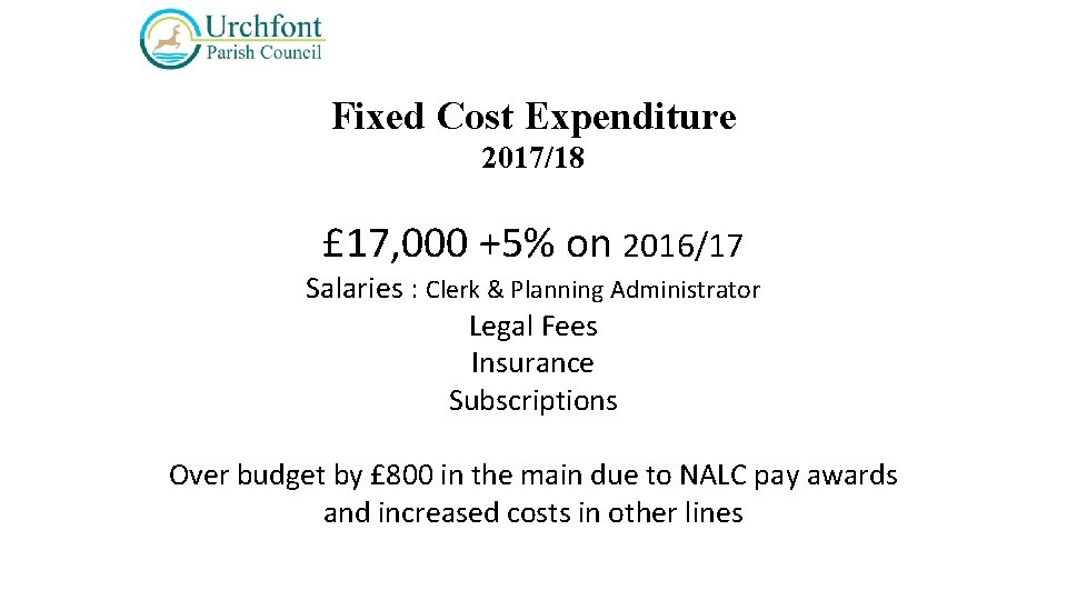 Fixed Cost Expenditure 2017/18 £ 17, 000 +5% on 2016/17 Salaries : Clerk &