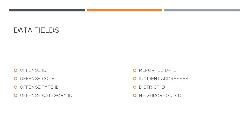 DATA FIELDS OFFENSE ID REPORTED DATE OFFENSE CODE INCIDENT ADDRESSES OFFENSE TYPE ID DISTRICT DATA FIELDS OFFENSE ID REPORTED DATE OFFENSE CODE INCIDENT ADDRESSES OFFENSE TYPE ID DISTRICT