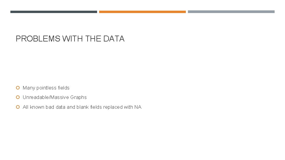 PROBLEMS WITH THE DATA Many pointless fields Unreadable/Massive Graphs All known bad data and PROBLEMS WITH THE DATA Many pointless fields Unreadable/Massive Graphs All known bad data and