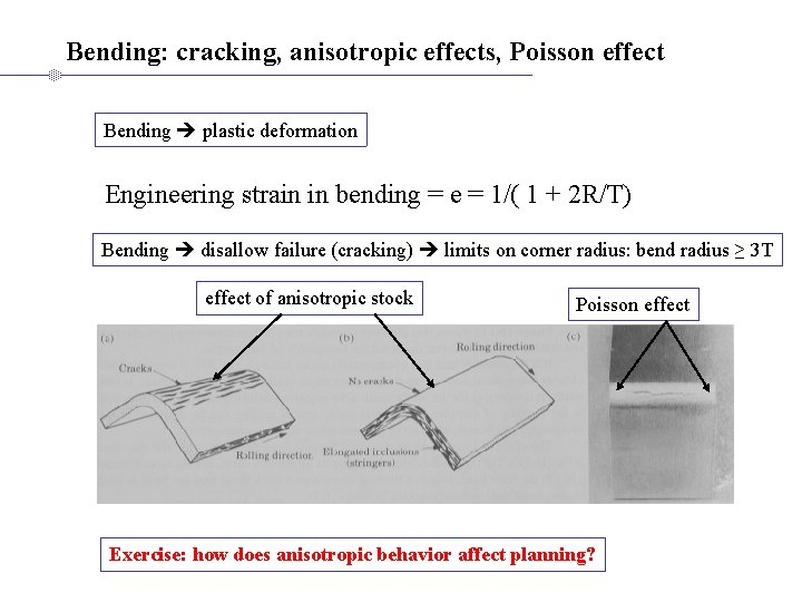 Bending: cracking, anisotropic effects, Poisson effect Bending plastic deformation Engineering strain in bending =