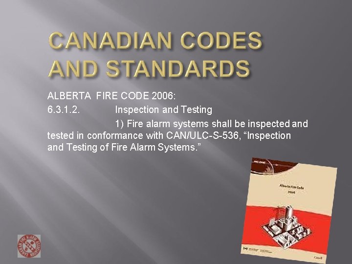 ALBERTA FIRE CODE 2006: Inspection and Testing 6. 3. 1. 2. 1) Fire alarm ALBERTA FIRE CODE 2006: Inspection and Testing 6. 3. 1. 2. 1) Fire alarm