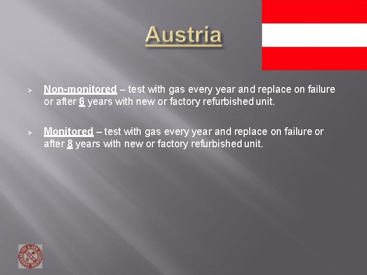 Non-monitored – test with gas every year and replace on failure or after Non-monitored – test with gas every year and replace on failure or after