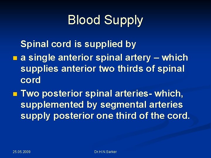 Blood Supply Spinal cord is supplied by n a single anterior spinal artery –