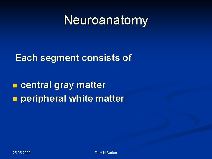 Neuroanatomy Each segment consists of central gray matter n peripheral white matter n 25.