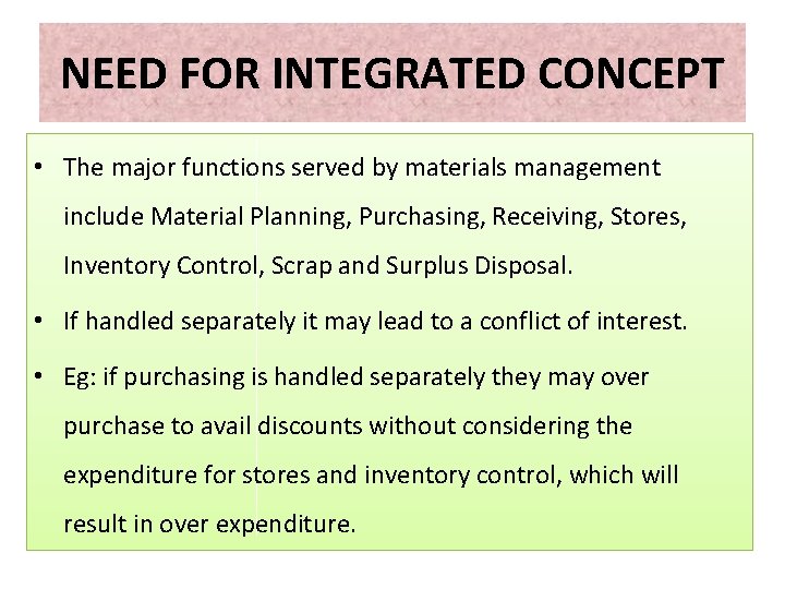 NEED FOR INTEGRATED CONCEPT • The major functions served by materials management include Material NEED FOR INTEGRATED CONCEPT • The major functions served by materials management include Material