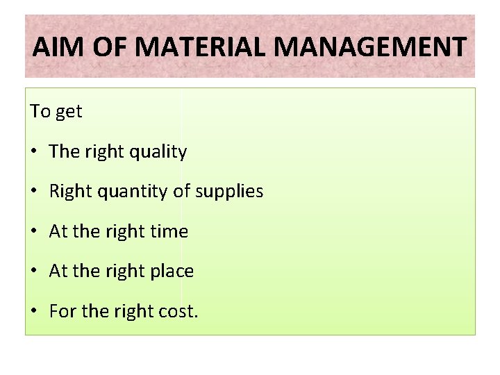 AIM OF MATERIAL MANAGEMENT To get • The right quality • Right quantity of AIM OF MATERIAL MANAGEMENT To get • The right quality • Right quantity of