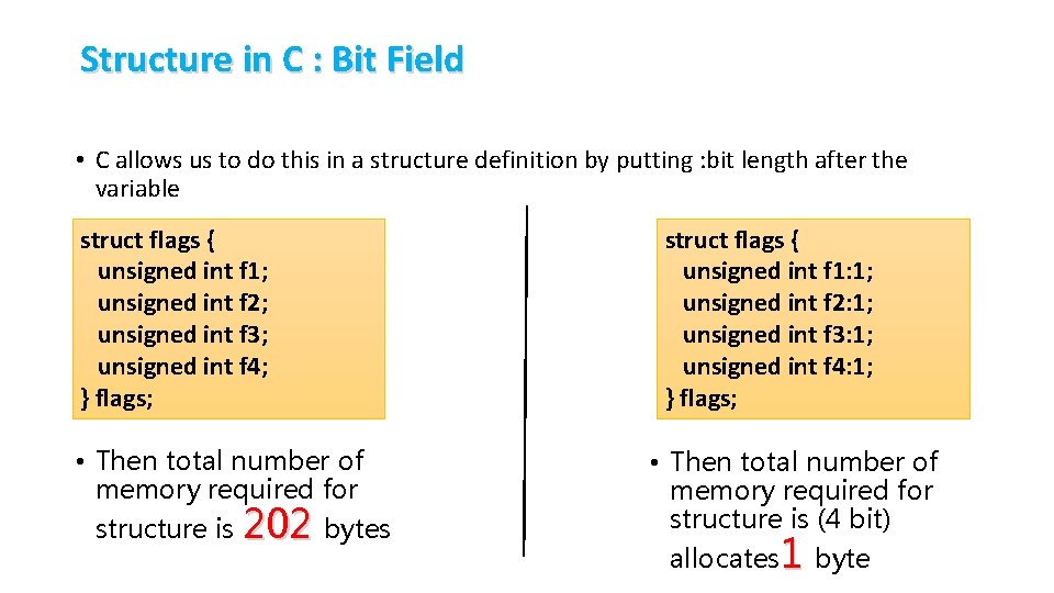 Structure in C : Bit Field • C allows us to do this in