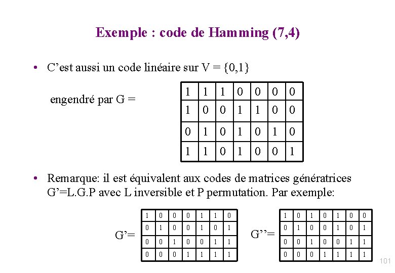 Exemple : code de Hamming (7, 4) • C’est aussi un code linéaire sur
